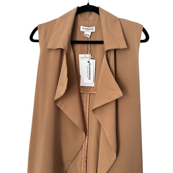 Glamorous Ladies Jacket Sm Camel Sleeveless Open Front Waterfall Draped Kimono - Picture 2 of 12